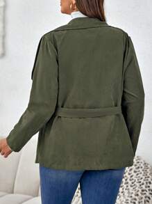 SHEIN LUNE Plus Waterfall Collar Belted Coat - Army Green - View 2