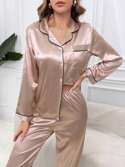 Contrast Piping Satijnen Top Pants PJ Set Pajama Set, Fall Clothes Cozy Elegante s, view 6