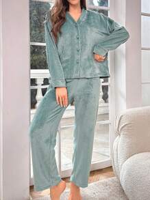 落肩纽扣前开襟家居服套装，秋冬服装，舒适套装，蓬松柔软 - 綠色 - 查看 6