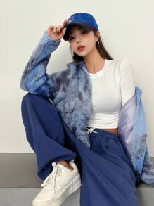 DAZY Tie Dye Drop Shoulder Zip Up Teddy Jacket - Blue - View 6