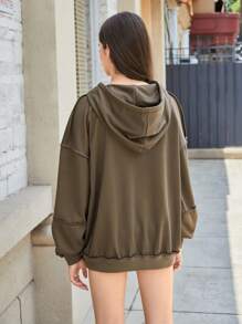 In My Nature Letter Graphic Drop Shoulder Drawstring Outdoor Sweatshirt - Coffee Brown - View 2