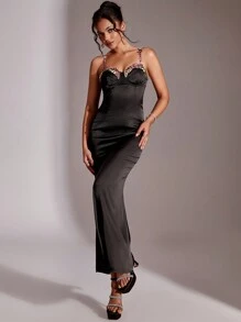 花卉刺繡魚尾裙下擺緞面吊帶洋裝