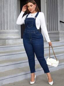 SHEIN Essnce 休閒鈕扣 口袋純色大碼牛仔連體褲 - 深色水洗藍 - 查看 4