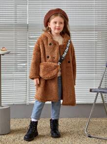 SHEIN 女小童雙排釦連帽毛茸茸外套&包 - 棕色 - 查看 1