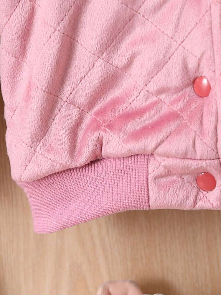 Baby Girl Snap Button Front Hooded Teddy Lined Quilted Coat Without Sweater