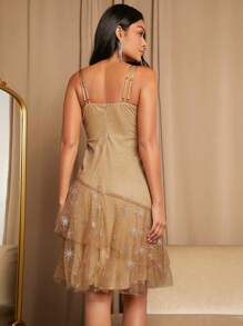 SHEIN Belle Galaxy Print Mesh Overlay Cami Dress - Khaki - View 2