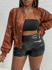 Slaydiva 大碼鉚釘細節落肩袖亮面夾克 - 棕色 - 查看 3