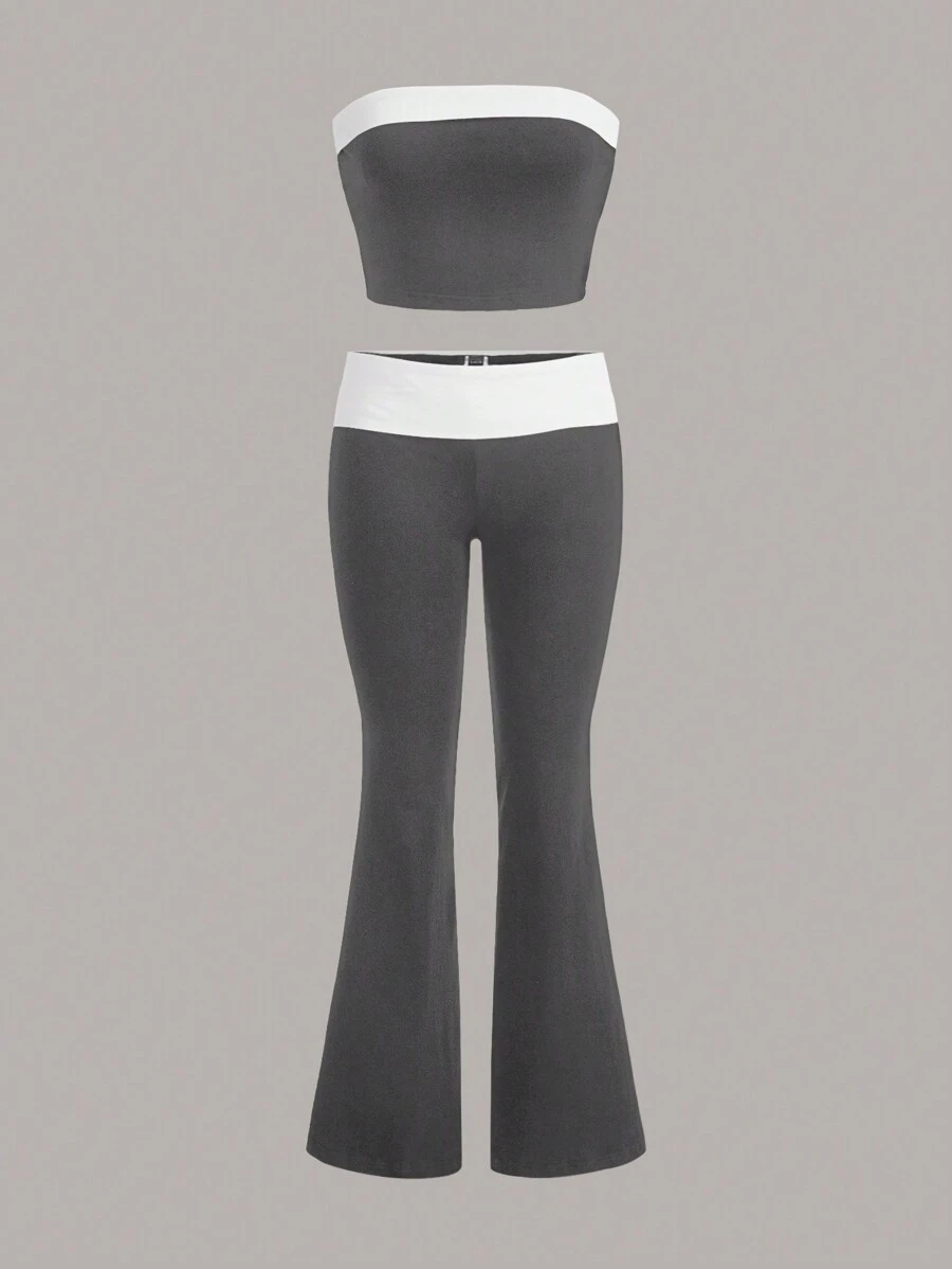 SHEIN EZwear 撞色抹胸上衣&喇叭褲 - 灰色 - 查看 1