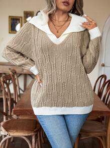 Calvaya Plus Contrast Trim Contrast Collar Sweater Knit Pullover Fall Winter Autumn Sweater - Khaki - View 7