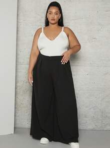 SHEIN CURVE+ 大碼素色闊腿褲 - 黑色 - 查看 6