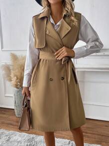 SHEIN LUNE Double Breasted Belted Vest Trench Coat - Khaki - View 1