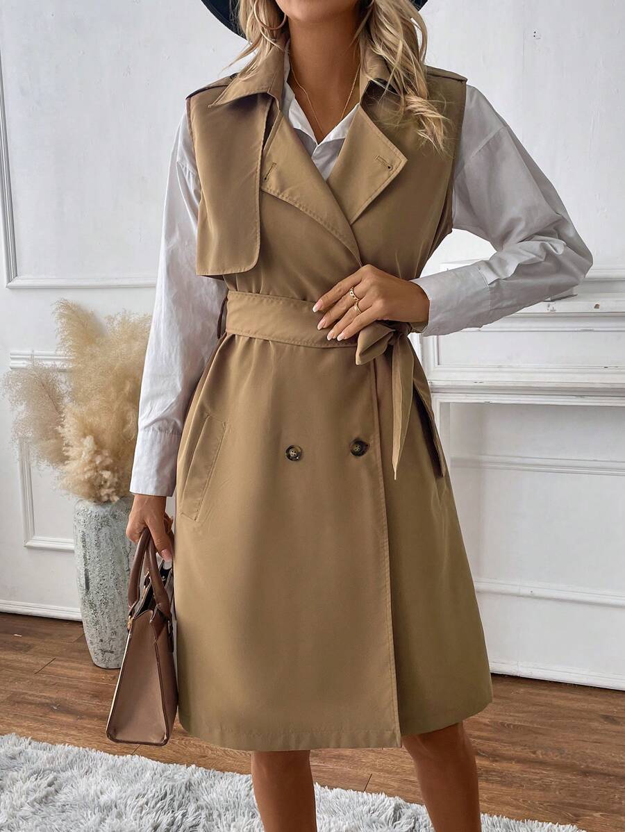 SHEIN LUNE Double Breasted Belted Vest Trench Coat - Khaki - View 1