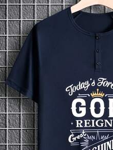 Manfinity Homme Men Letter Graphic Half Button Tee - Navy Blue - View 4