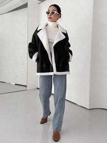 DAZY Teddy Lined Drop Shoulder PU Leather Jacket - Black - View 3