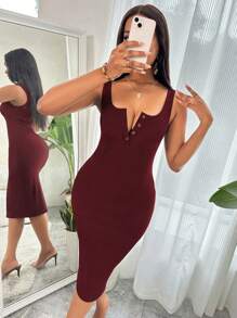 VaVaBold 半扣罗纹针织修身连衣裙 酒红色长款女装 - 酒紅色 - 查看 4