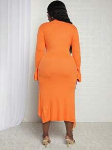 Slaydiva Plus Flare Sleeve Fringe Trim Wrap Hem Sweater Dress - Orange - View 2
