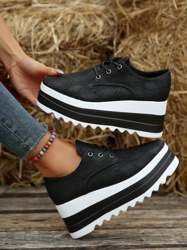 Fall/Winter Women's Wedge Heel & Thick Platform Loafers With Square Toe & Faux Snake Skin Texture,Sneakers For Women