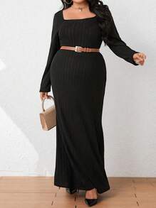 SHEIN Clasi Plus Square Neck Ribbed Knit Dress Without Belt Maxi Women Outfit - Black - View 6