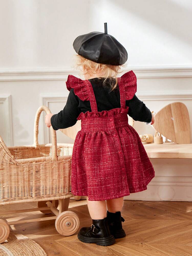 Baby Girl Solid Tee & Bow Front Ruffle Trim Overall Dress