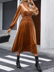 SHEIN Clasi Rochie din catifea cu mânecă lanternă de gat - Maro - Vizualizare 5