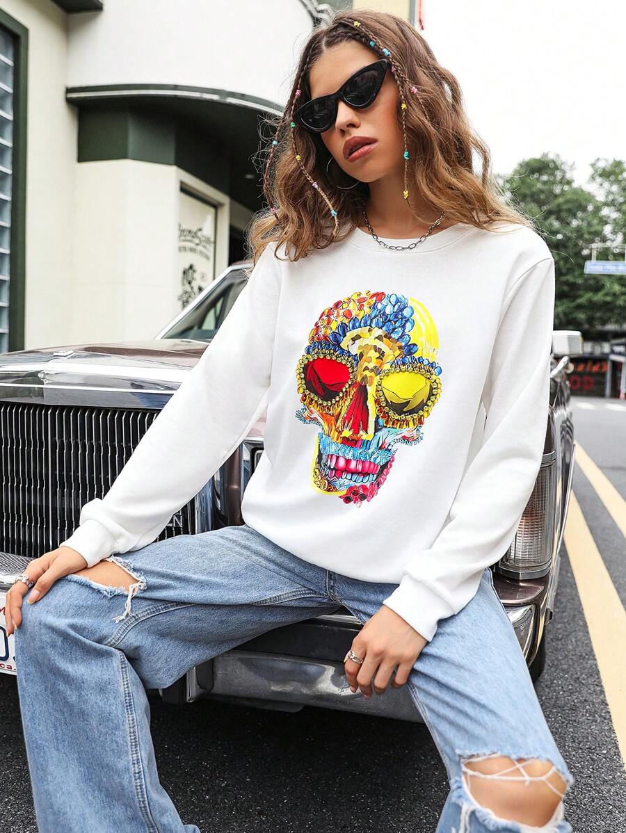 SHEIN Unity 骷髅印花落肩套头卫衣 秋季卫衣 - 白色 - 查看 1