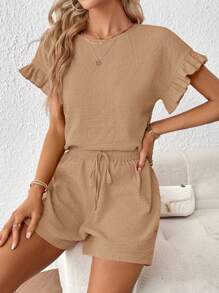 SHEIN Essnce 荷葉袖上衣和腰部打結短褲 - 卡其色 - 查看 1