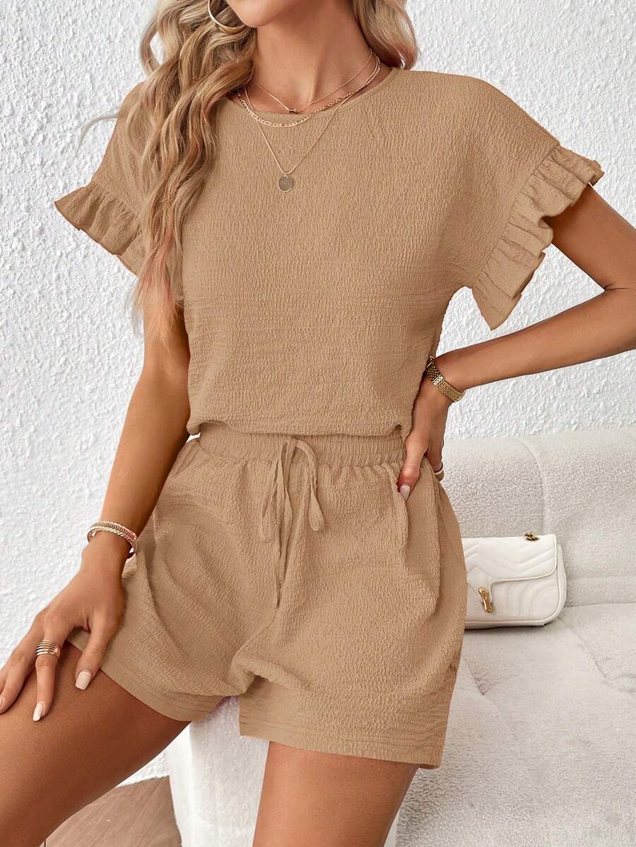 SHEIN Essnce 荷葉袖上衣和腰部打結短褲 - 卡其色 - 查看 1