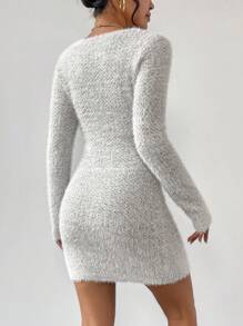Chiquease Scoop Neck Fuzzy Sweater Dress - Grey - View 2