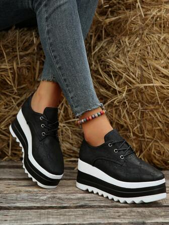 Fall/Winter Women's Wedge Heel & Thick Platform Loafers With Square Toe & Faux Snake Skin Texture,Sneakers For Women