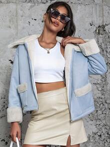 Eilly Bazar Teddy Lined Zip Up Coat - Baby Blue - View 5