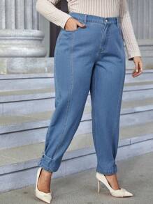 SHEIN Essnce Plus Buckled Hem Jeans - Medium Wash - View 4