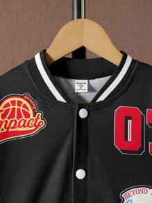 SHEIN Tween Boy Letter Graphic Two Tone Varsity Jacket & Sweatpants Without Tee - Black and White - View 3