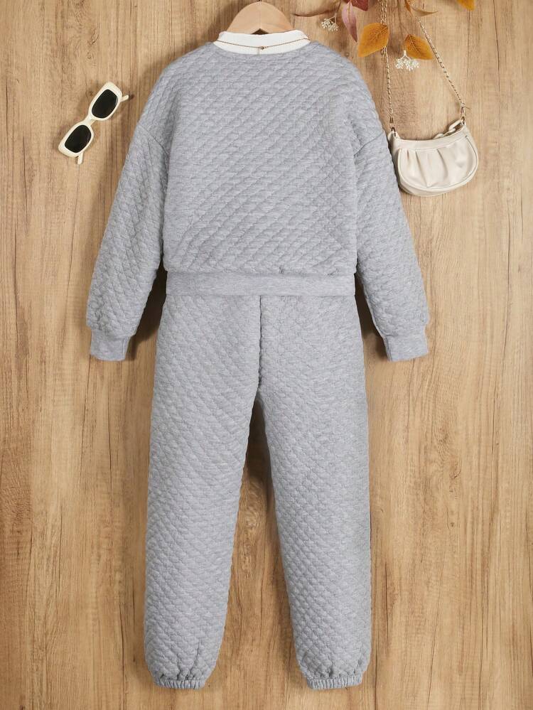 Tween Girl Solid Button Front Quilted Jacket & Sweatpants & Tee