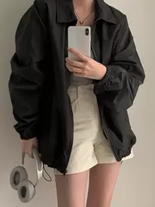 DAZY Solid Drop Shoulder Coat,Ladies Spring/Fall Casual Zipper Drop Shoulder Collar Loose Black Plain Women Coats,Casual Daily Wear Women Jacket - Black - View 4