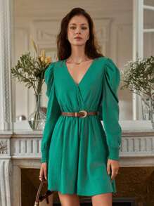 SHEIN Frenchy Surplice Neck Gigot Sleeve Dress Without Belt Winter Elegant Evening Dress Christmas Green - Green - View 3
