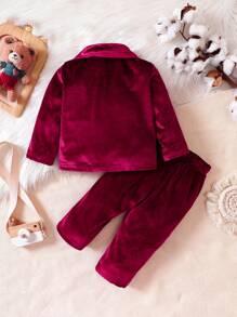 Baby Girl Flap Detail Jacket & Pants Without Tee - Burgundy - View 2