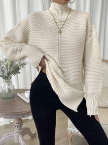 SHEIN Clasi 高领落肩开衩下摆针织套头衫秋冬毛衣 - 杏色 - 查看 6