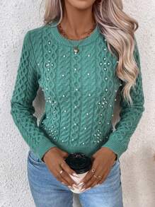 SHEIN Clasi Chất rắn Ngọc trai đính cườm Xoắn Dan Áo len - màu xanh lá - Xem 3