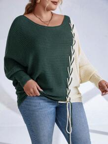 Calvaya 加大码双色系带蝙蝠袖针织套头衫秋冬毛衣 - 彩色 - 查看 5