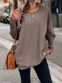 LanaWest 双口袋蝙蝠袖口袋贴片毛衣，长袖上衣 - 棕色 - 查看 4