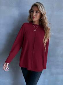 SHEIN LUNE Mock Neck Raglan Sleeve Split Hem Sweater For New Year,Long Sleeve Tops Knit Pullover Fall Winter Sweater - Red - View 3