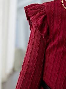 Young Girl Ruffle Trim Mock Neck Cable Knit Dress Without Belt - Burgundy - View 4