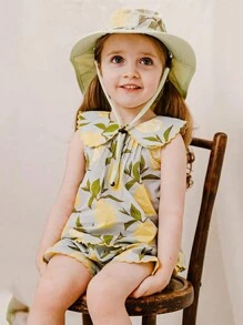 Baby Girl 1pc Lemon Print Peter Pan Collar Top & 1pc Shorts