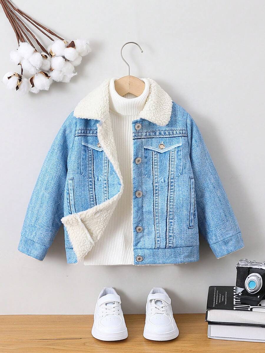 SHEIN Young Girl 1pc Borg Collar Teddy Lined Jacket - Light Wash - View 1