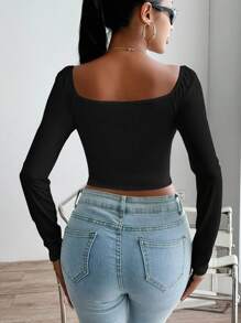 SHEIN Privé Square Neck Ruched Bust Crop White Tee - Black - View 2