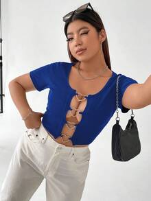 SHEIN ICON Plus Heart Ring Linked Crop Tee - Blue - View 4