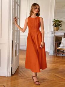 Poéselle Solid Sleeveless A-line Dress - Orange - View 5