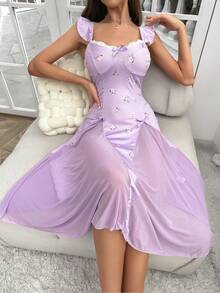 Vestido de dormir con estampado floral ribete con fruncido con lazo delantero - Morado - Ver 5