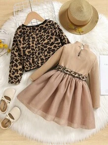 SHEIN Young Girl Leopard Print Jacket & Mock Neck Belted Dress - Khaki - View 2