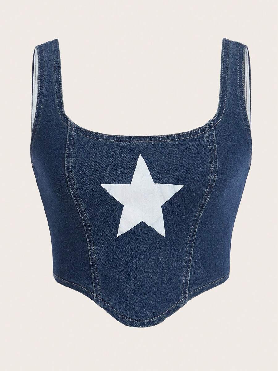 SHEIN EZwear 星星印花頭巾下擺背心牛仔上衣 - 深色水洗藍 - 查看 1